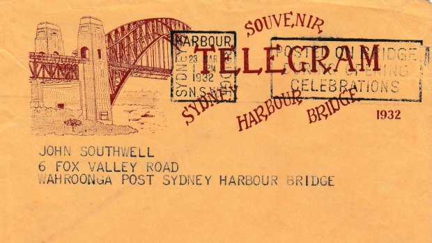 The telegram John Southwell's father sent him from the temporary post office in the South Pylon of the Harbour Bridge on the day of its opening.