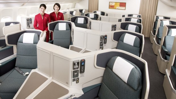 Cathay Pacific Boeing 777-300ER Business Class cabin.