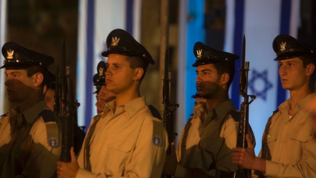 Israeli soldiers during a service marking Memorial Day at the Western Wall on April 30.