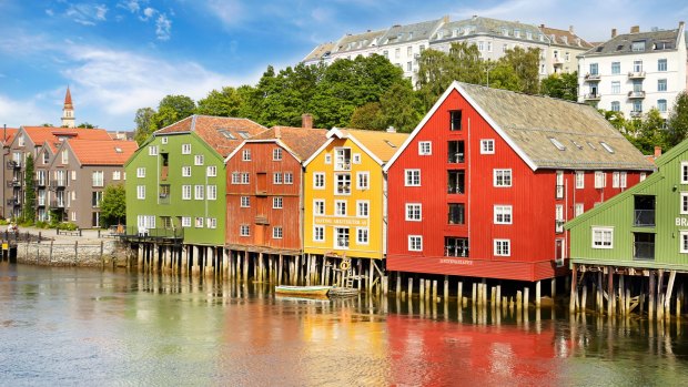 Colorful historic stilt houses in Trondheim, Norway.
