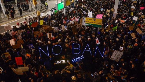 Thousands protest against the Muslim immigration ban at John F. Kennedy International Airport on January 28, 2017 in New York City. 