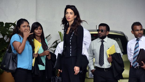 Amal Clooney with former president Mohamed Nasheed's lawyers at the High Court in Male, Maldives, on Wednesday. 