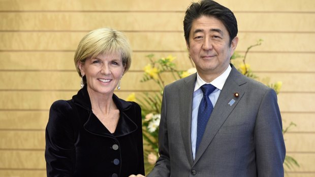 Australian Foreign Minister Julie Bishop received met Japanese Prime Minister Shinzo Abe in Tokyo on Tuesday where they discussed tension in the South China Sea and on the Korean peninsula.