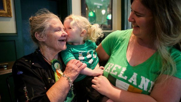 Margaret Hartigan, 79, with her great-granddaughter Eloise and granddaughter-in-law Alana Worthing at the Celtic Club.
