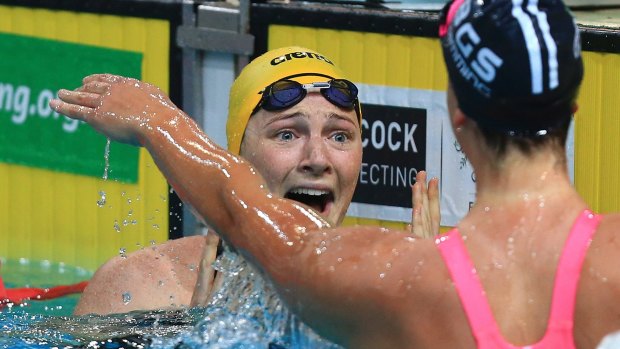 The moment: Cate Campbell realises her achievement after breaking the world record in the 100m freestyle at the 2016 Australian Swimming Grand Prix in Brisbane.