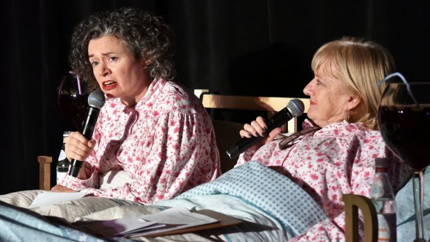 Judith Lucy, left, and Denise Scott launch the 2017 Melbourne International Comedy Festival at the Forum.