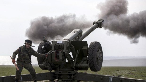 Ukraine's voluntary militia, Azov Battalion, holds artillery training in Urzuf, eastern Ukraine, earlier this week.