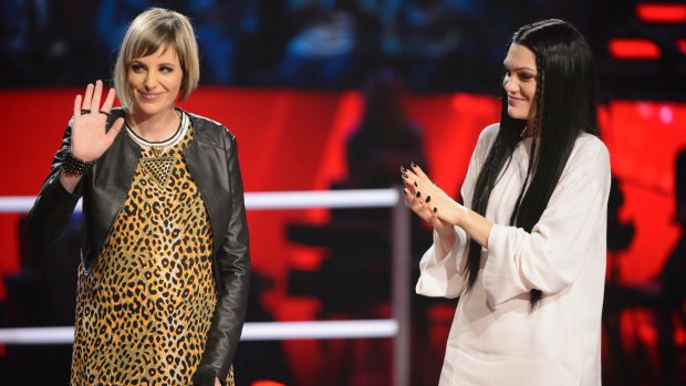 Amber Nichols and Jessie J on The Voice stage during a battle round.