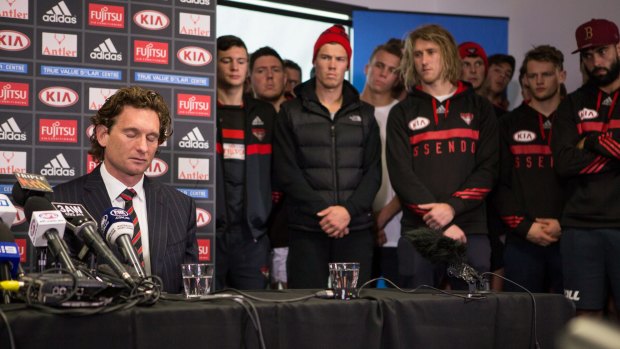 Flashback: James Hird sheds a tear at a press conference on August 18, 2015, called to announce he was stepping down as Essendon coach.