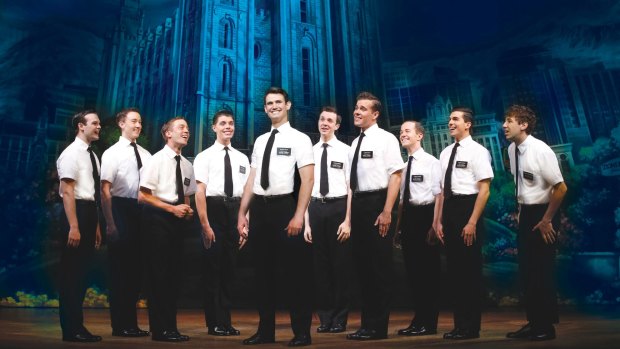 Ryan Bondy (centre) as Elder Price, AJ Holmes (far right) as Elder Cunningham and company in <i>The Book of Mormon</i>.
