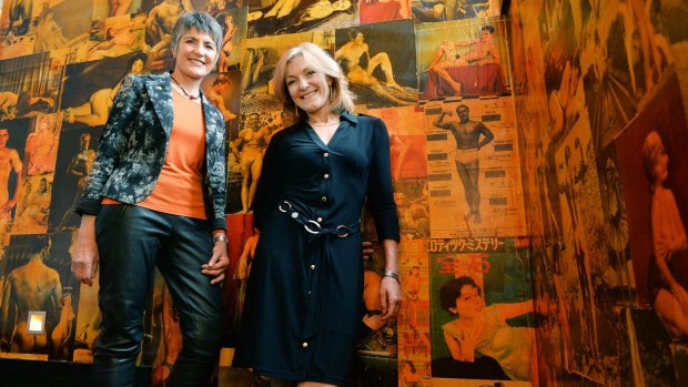 Would-be senator Dr Meredith Doig and the leader of the Australian Sex party Fiona Patten amid the interesting decor of  Brunswick Street bar Naked for Satan on Thursday.