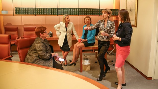 Senator Michaelia Cash entertains Defence Minister Marise Payne, Minister for Regional Development, Regional Communications and Rural Health Senator Fiona Nash, Health Minister Sussan Ley and Minister for Small Business Kelly O'Dwyer.