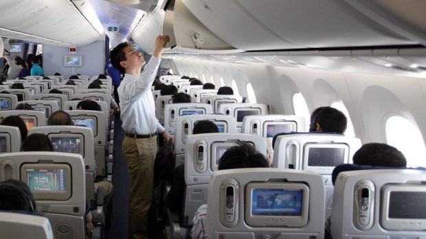 The economy class cabin of a Boeing 787 Dreamliner for All Nippon Airways.