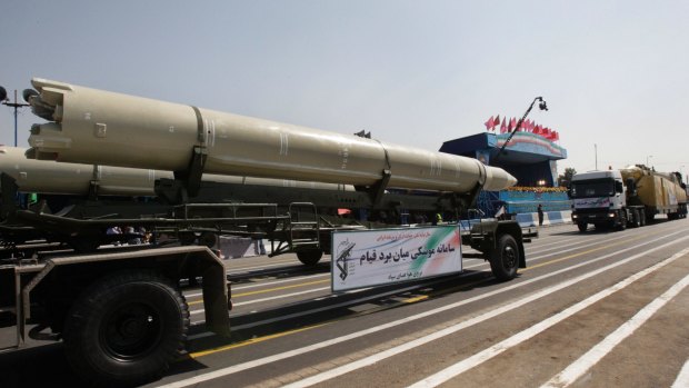 A 2012 photo of a Qiam missile being displayed by Iran's Revolutionary Guard during a military parade.