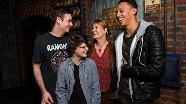 Ollie, 13, and his mother Sarah, backstage at Kinky Boots with Toby Francis, left, and Callum Francis.