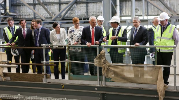 Prime Minister Malcolm Turnbull tours a South Australian site after announcing the winning DCNS submarine bid in April. 