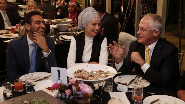 Prime Minister Malcolm Turnbull, with broadcaster Waleed Aly and his wife Susan Carland, hosted an Iftar dinner at Kirribilli House in Sydney.