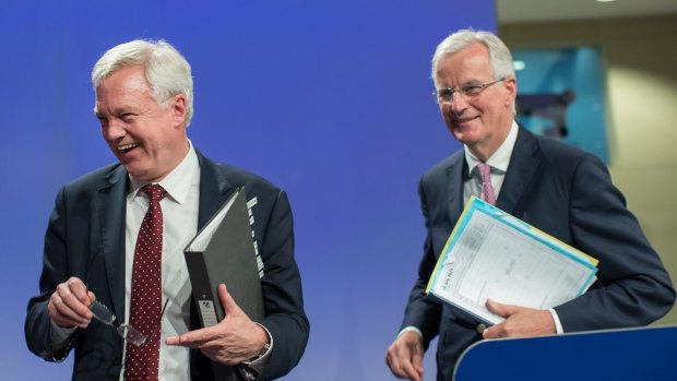 David Davis, UK secretary for exiting the EU, left, and Michel Barnier, chief negotiator for the EU, at the end of second round of negotiations in Brussels on Thursday.