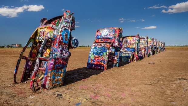 The Cadillac Ranch at Amarillo, Texas, a public art installation of old car wrecks and a popular landmark on historic Route 66.