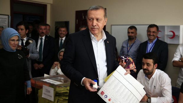 Recep Tayyip Erdogan at a polling station in Istanbul on Sunday.