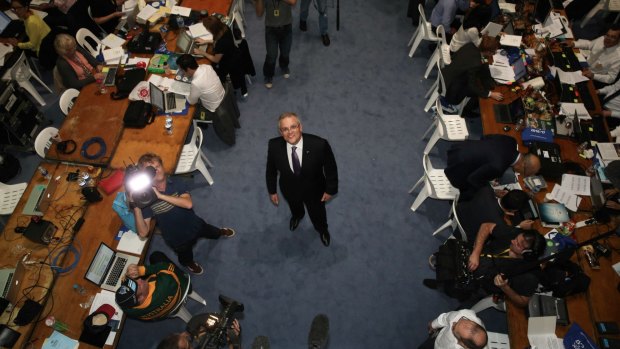 Treasurer Scott Morrison in the 2016 budget lock-up at Parliament House in Canberra.