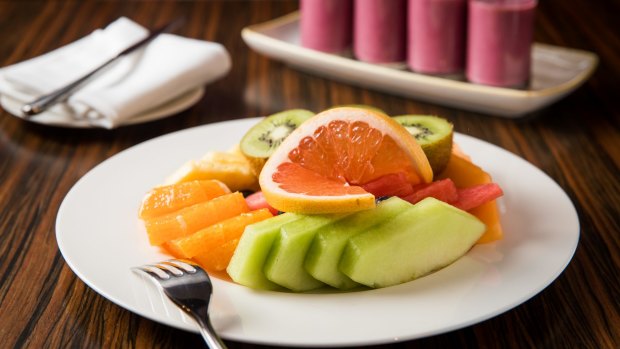 Seasonal fruit platter and breakfast smoothies at The Sailmaker restaurant at Hyatt Regency Hotel in Darling Harbour.