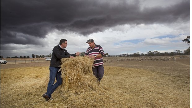 Premier Daniel Andrews speaks with fifth generation sheep farmer Jason Pymer on his farm in Wonwondah during the Premier's drought tour of Victoria.