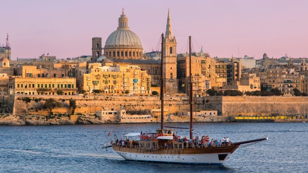 The skyline of Valletta, Malta, with St Paul's Anglican Cathedral and Carmelite Church. 