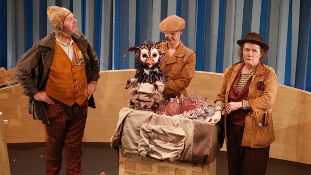 Jim Russell, Ovo (with puppeteer Michelle Robin Anderson) and Genevieve Morris in Egg.