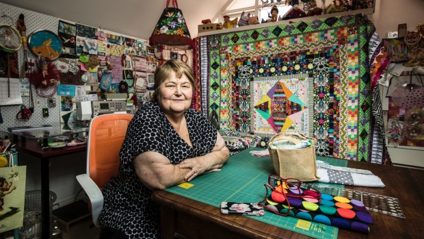 Jenny Rosalky in her sewing room filled with fabric and quilts, at her home in Stanmore, Sydney.