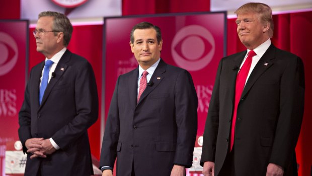 2016 Republican Presidential candidates (from left): Jeb Bush, Senator Ted Cruz and Donald Trump at the start of the latest Republican presidential candidate debate on Saturday.
