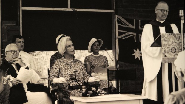 An historic photograph of the foundation Stone laying ceremony at St Luke's Anglican Church in Deakin in 1959. Her Excellency, Lady Slim, wife of the Governor-General Sir William Slim, is pictured centre.