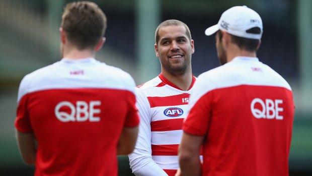 Star Swans forward Lance Franklin speaks to his teammates during a training session at the SCG.