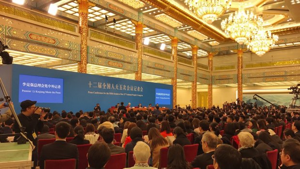 Chinese and foreign journalists at the annual press conference by the Chinese premier in Beijing.
