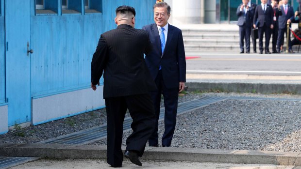 South Korean President Moon Jae-in, right, and North Korean leader Kim Jong Un meet at the border in truce village of Panmunjom in the Demilitarized Zone (DMZ) in April this year.