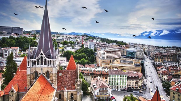 Lausanne sits above Lake Geneva.