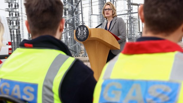 British Energy Secretary Amber Rudd speaking at a new 1-gigawatt electricity link between Britain and the Netherlands. Ms Rudd has said that a British vote to leave the European Union would threaten Britain's energy security.  