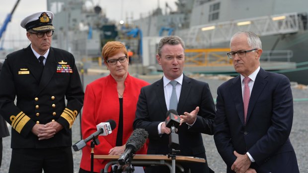 Acting Chief of the Defence Force Vice-Admiral Ray Griggs, Defence Minister Marise Payne, Defence Industry Minister Christopher Pyne, and Prime Minister Malcolm Turnbull at the ASC naval shipyard in South Australia earlier this year.