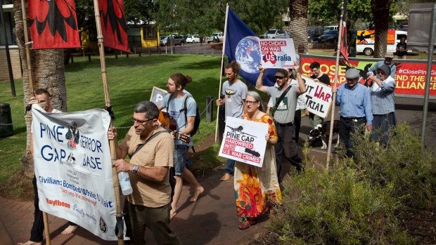 Defendants accused of trespassing on a top-secret military base operated by the US protest with supporters in Alice Springs last week.