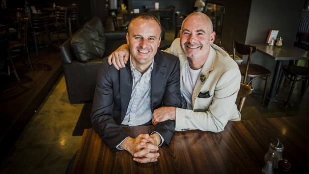 Chief Minister Andrew Barr, pictured with partner Anthony Toms in 2014, says there is "no place in any civilised society for this kind of hate".