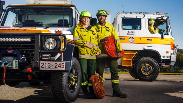 ACT Parks and Conservation Service fire management field officers Kirsten Tasker, Rocky Simachila and James Thornburn.