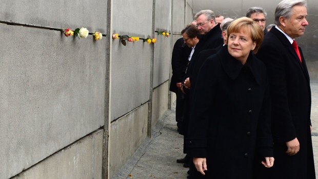 German Chancellor Angela Merkel at the Bernauer Strasse memorial.
