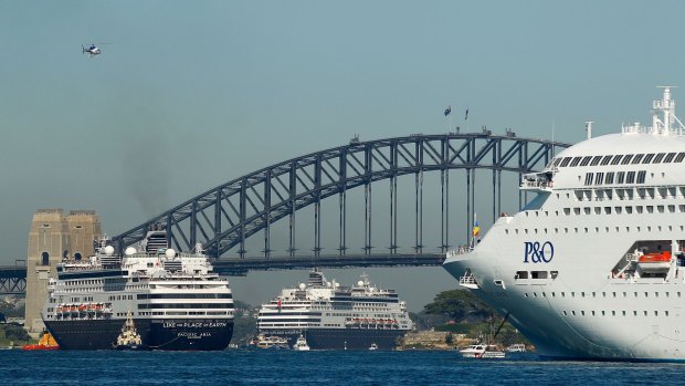 P&O's Pacific Aria, Pacific Eden and Pacific Jewel in Sydney Harbour last year. 