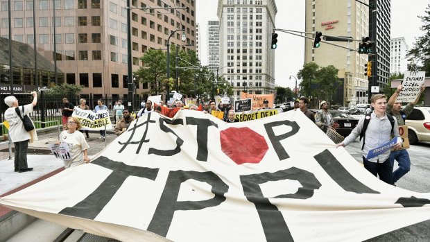 No deal: Protesters in Atlanta, Georgia, express opposition to the Trans-Pacific Partnership.