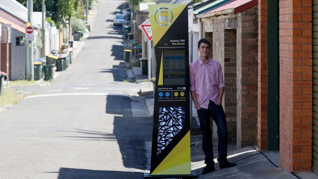 Stress buster: Ted Hodge with his high-tech bus stop outside the garage of his family home. The project delivered him the top HSC score in the state for design and technology.