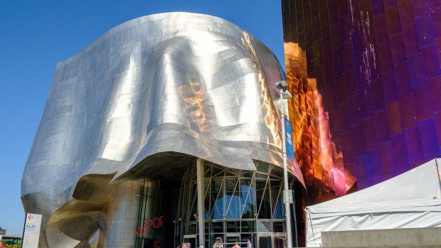 The MoPop building was designed by Frank Gehry and features his signatures curves and reflective surfaces.