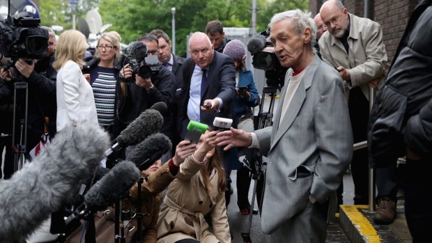 Paddy Hill, one of the Birmingham Six who was wrongly convicted of the Birmingham pub bombings, speaks to the media outside Solihull Civic Suite on Wednesday. 