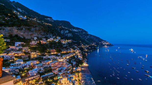 An evening view over Positano from the Villa Franca.
