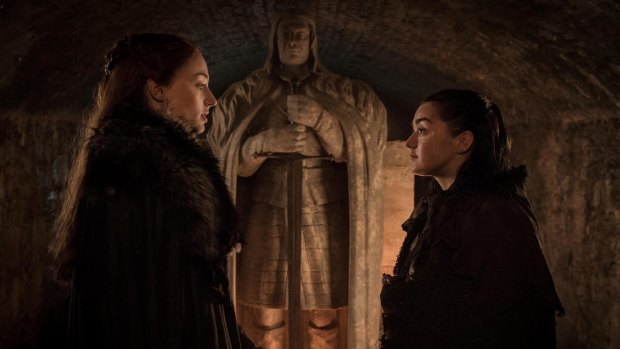 Sansa and Arya in the crypt at Winterfell.