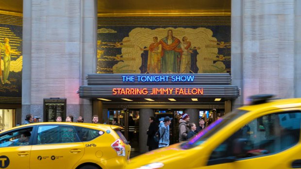 The Tonight Show with Jimmy Fallon Marquee at Rockefeller Center, New York City.